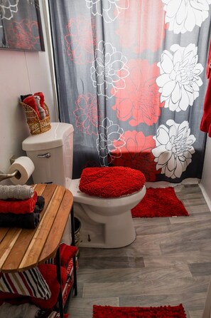 Hair dryer, towels, soap, shampoo