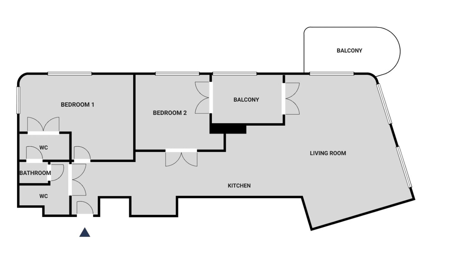 A floor plan of a hotel with two bedrooms, a balcony, a living room, a kitchen, and two bathrooms.