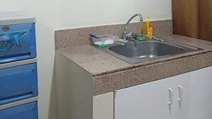 Una pequeña cocina americana con un lavabo, un escurreplatos y un armario.