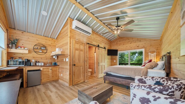 Una habitación acogedora estilo cabaña con kitchenette, una cama, un sofá y un ventilador de techo.