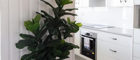 Een moderne keuken met witte kasten, een inbouwoven en een grote groene plant.