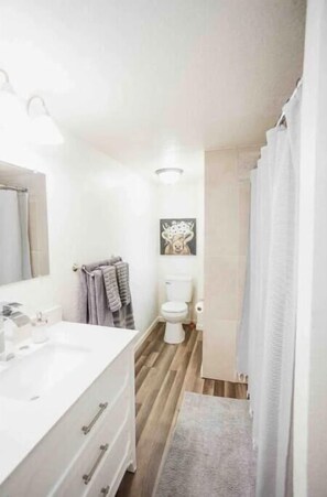 Hair dryer, towels, soap, shampoo