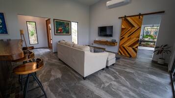 Una sala de estar moderna con un sofá, un televisor y un separador de madera.