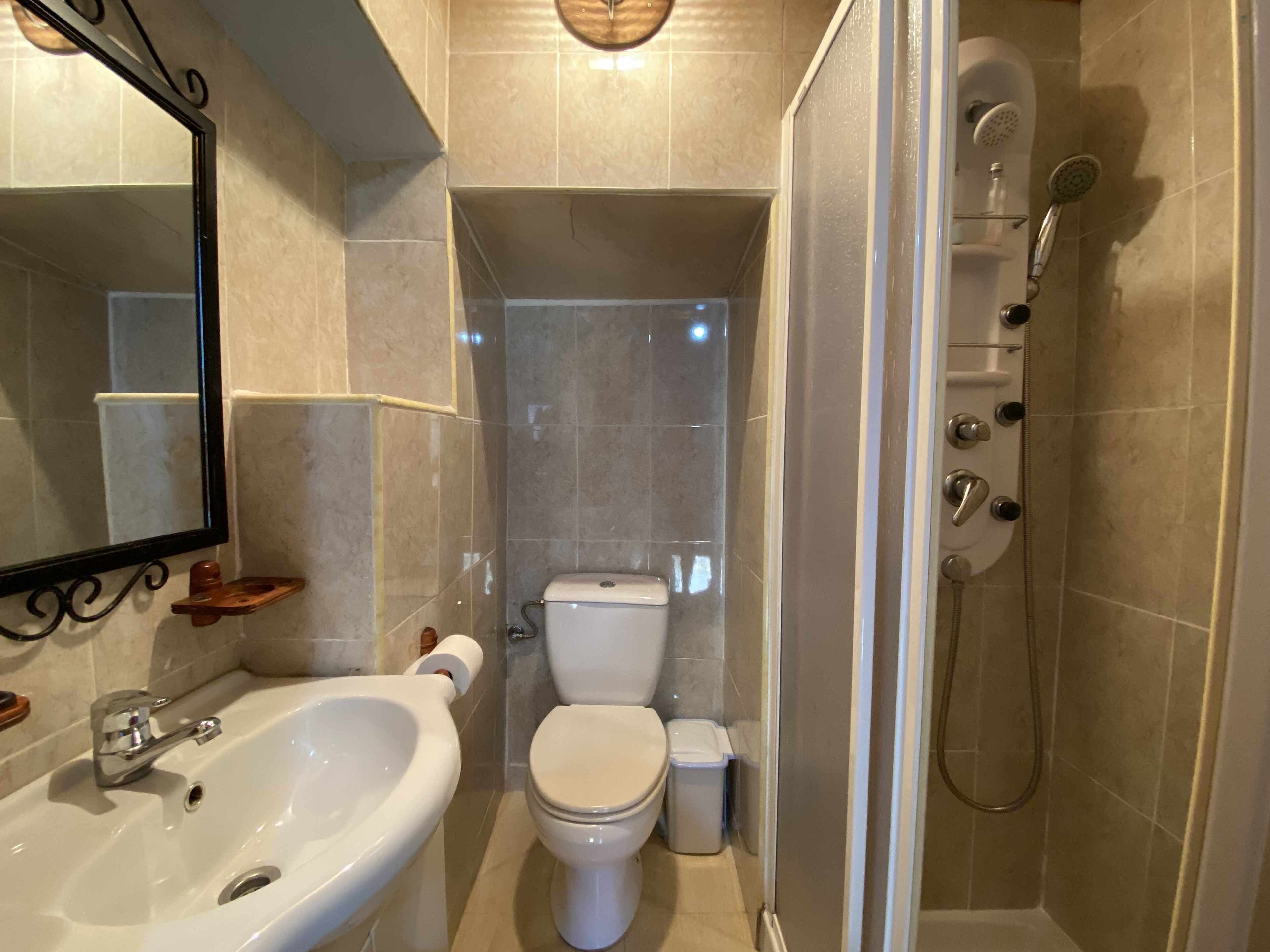 A bathroom with a sink, toilet, and shower.