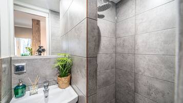 Shower, hair dryer, towels, soap