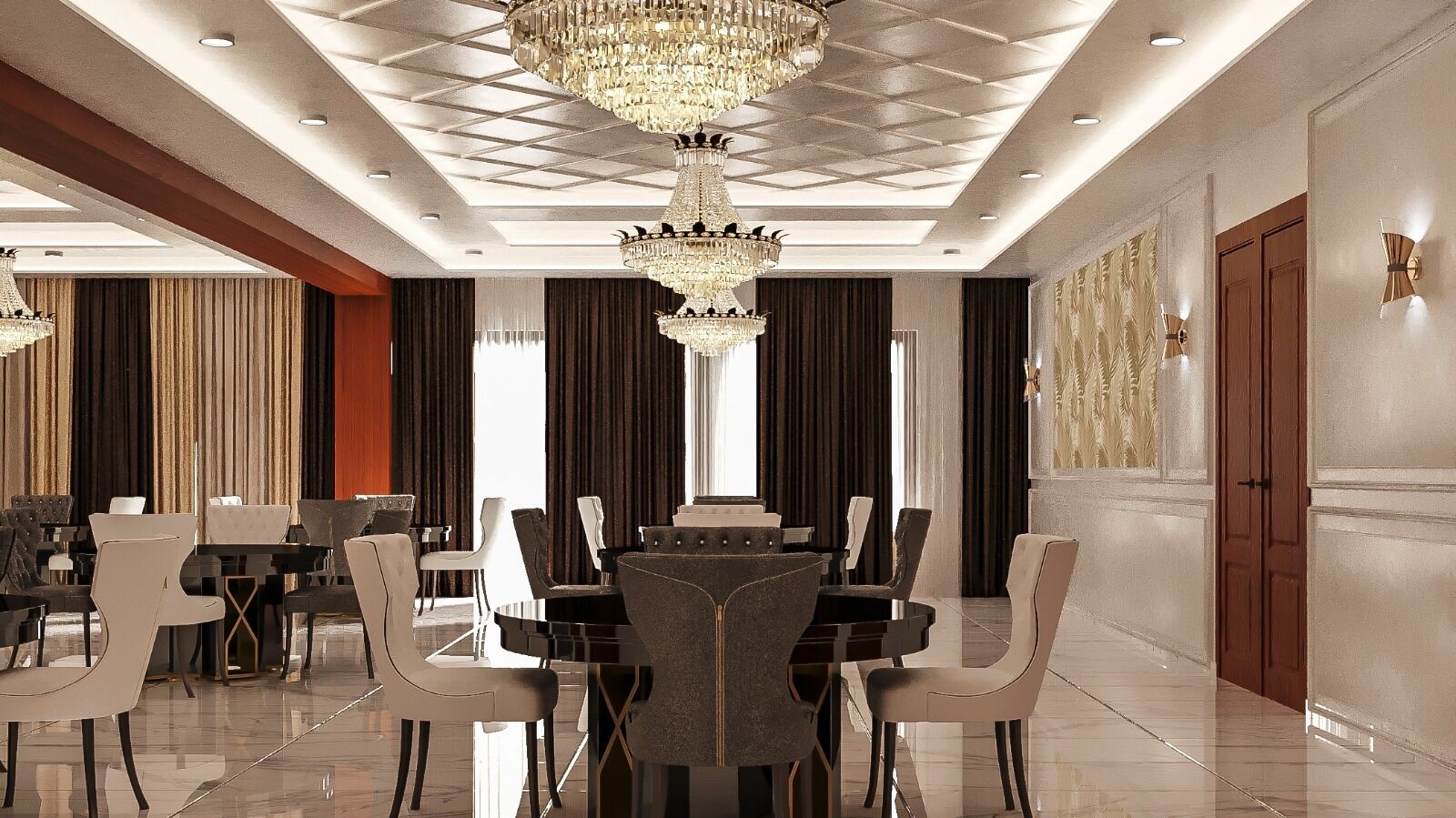 A spacious dining area with a large chandelier, modern furniture, and a polished floor.