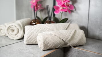 Secador de pelo, toallas, jabón, papel higiénico