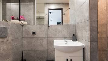 Hair dryer, towels, soap, toilet paper