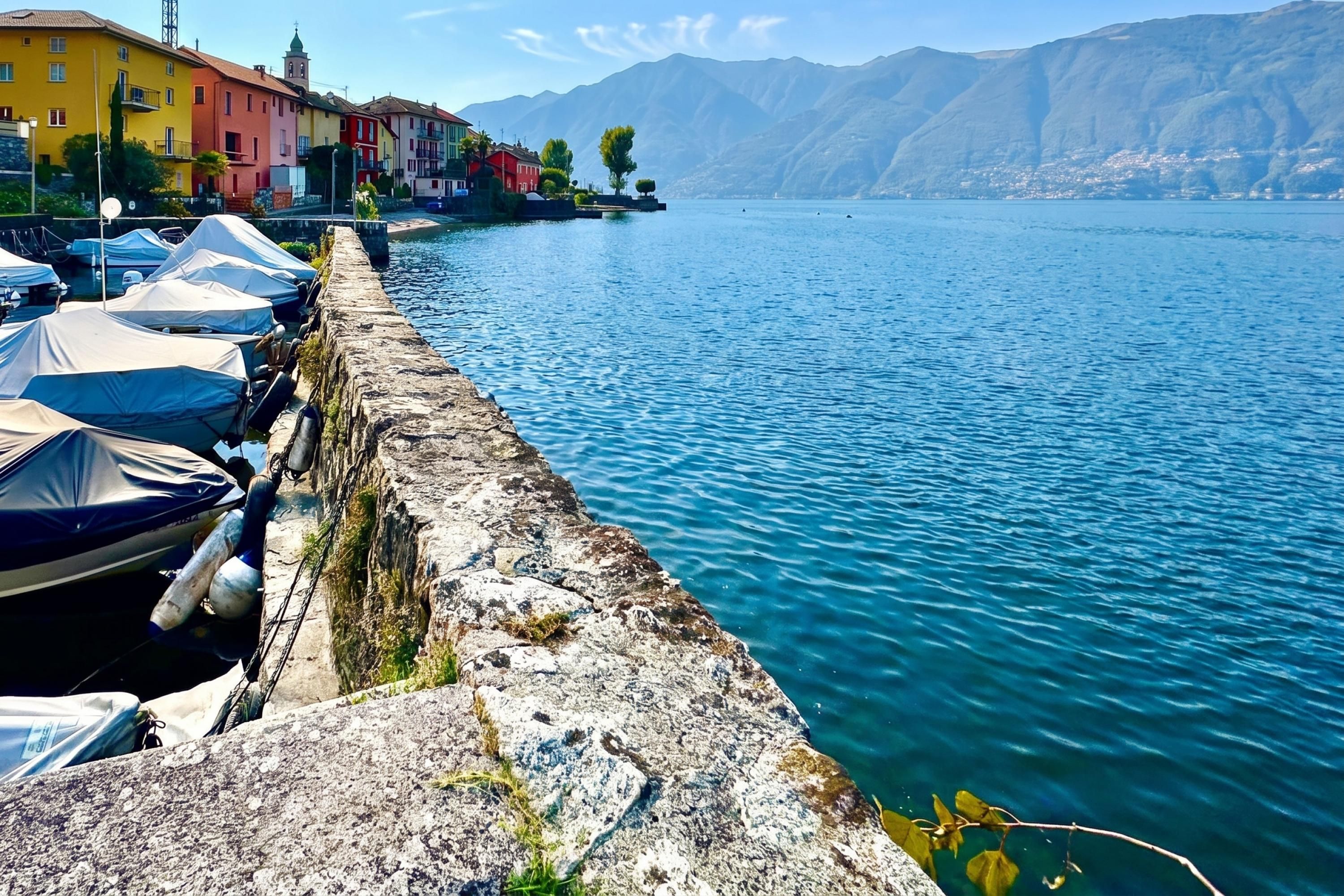 A waterfront with boats docked along a stone quay, buildings in the background, and mountains in the distance.
