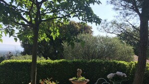 Ein gepflegter Garten mit einem runden Tisch und Stühlen, umgeben von üppigem Grün und einer Zierurne.
