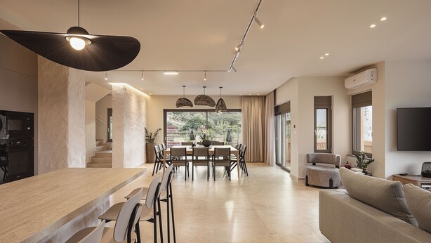 A modern kitchen with a dining area, a sofa, and a TV. - Villa Agali Free* heated pool & 70m to Sea! (Chania)