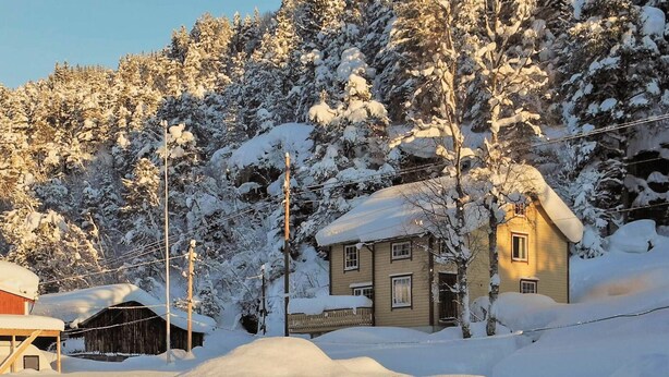 Une maison recouverte de neige, avec un toit en pente, entourée d’arbres et d’une clôture en bois.