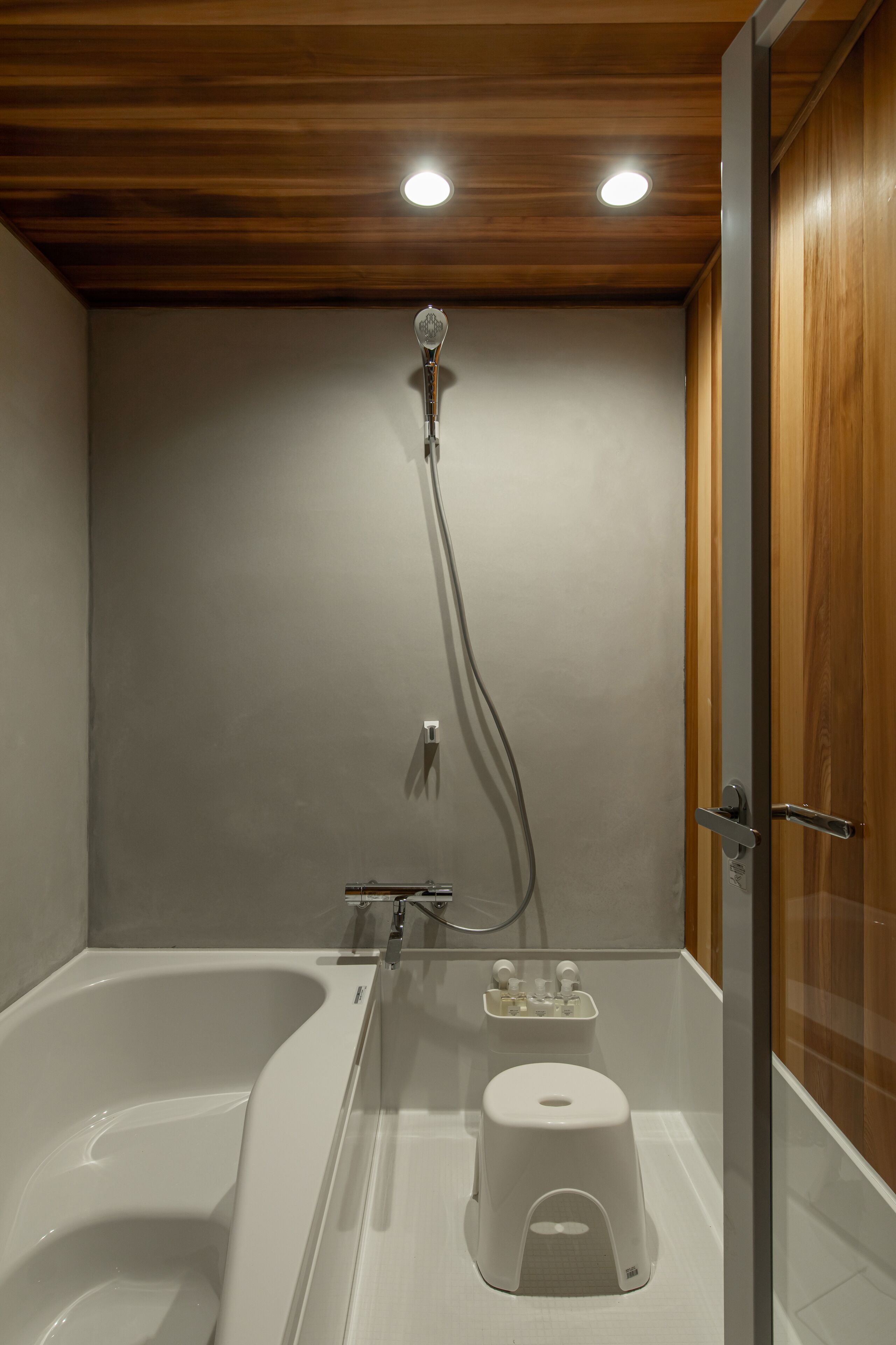 A modern bathroom with a bathtub, shower, and toilet.