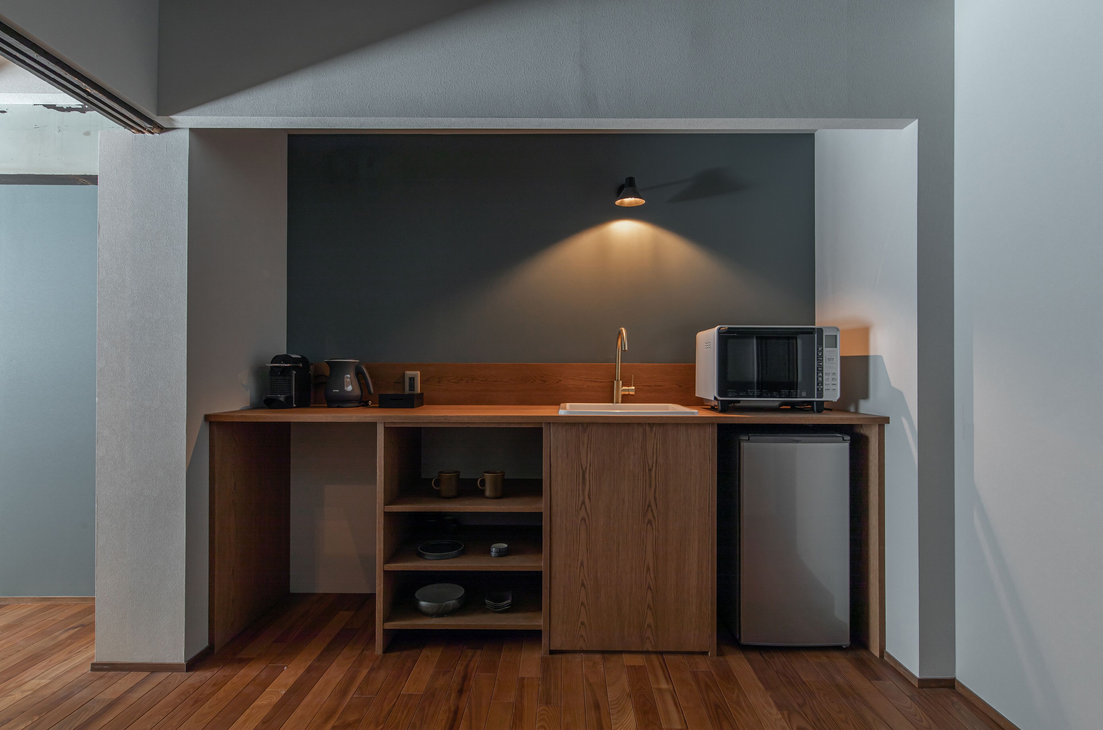 Full-size fridge, microwave, oven, espresso maker