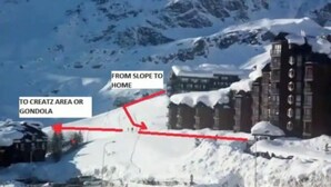 A snow-covered mountain with a ski lift and a building labeled "FROM SLOPE TO HOME". - Luxury 4beds ski-in&out steps from center     (cervinia)
