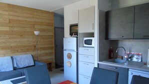 A compact living space with a kitchenette, a dining area with a table and chairs, a sofa, and a wooden wall.