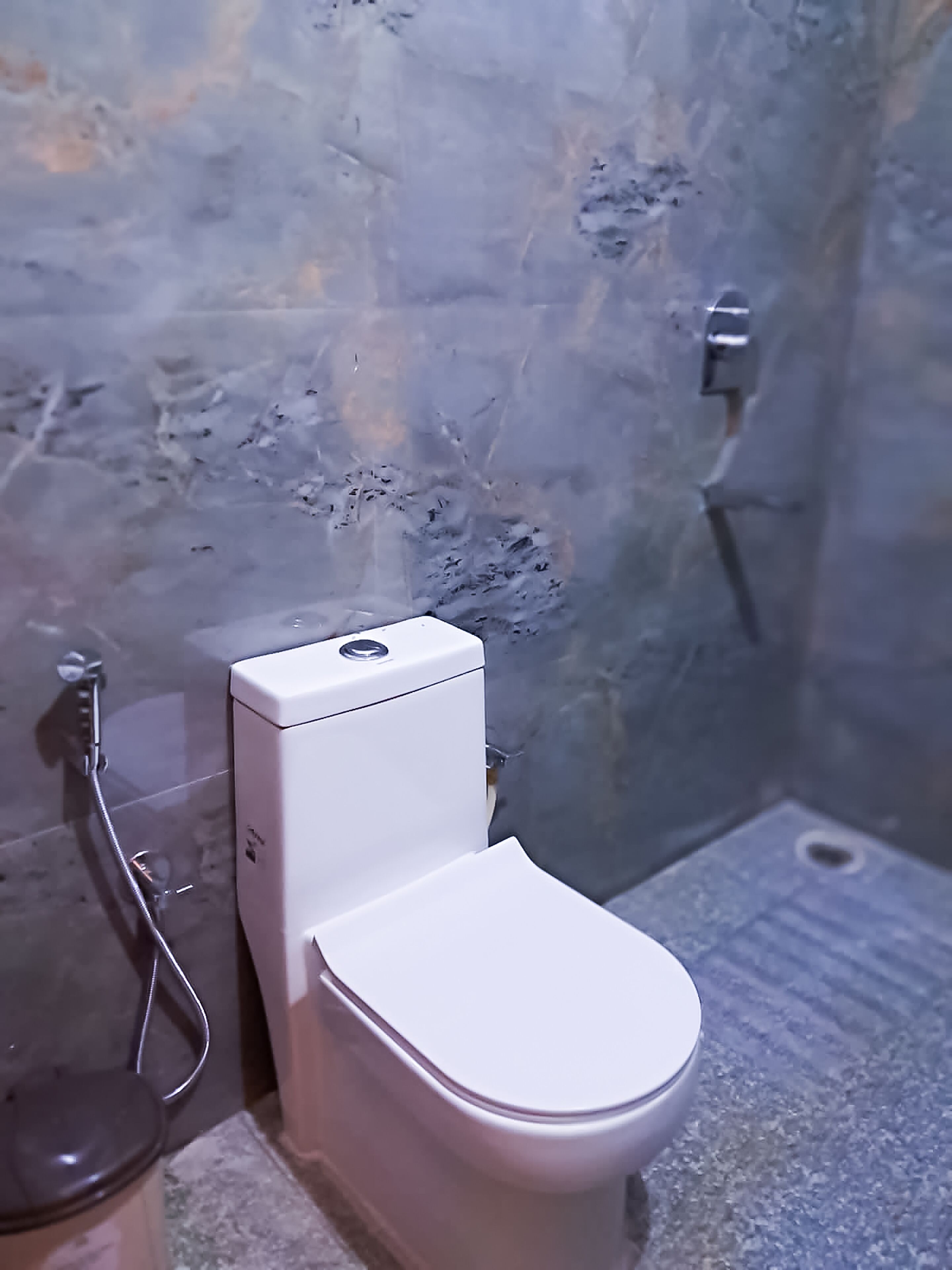 Un baño con inodoro blanco, ducha y pared de mármol.