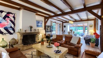 Televisión, chimenea, reproductor de DVD y tenis de mesa