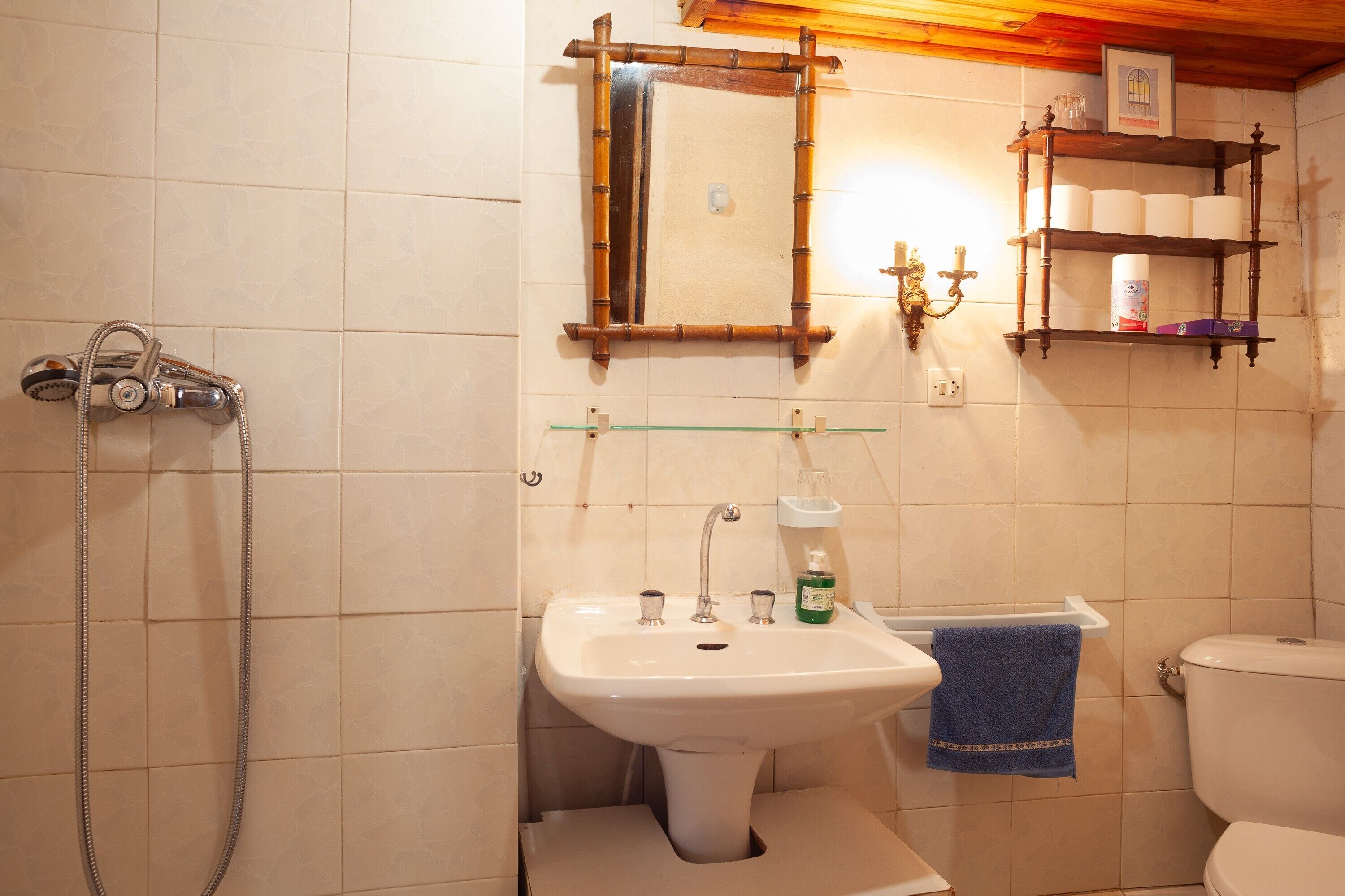 Et badeværelse med bruser, vask, toilet og et spejl.