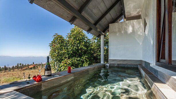 A swimming pool with clear water, a bottle of wine, and a glass on the edge. - Vacation Home 'Land Of Dreams' with Sea View, Shared Pool and Wi-Fi (Cruz de tea)