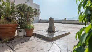 Een dakterras met potplanten, een stenen monument en uitzicht op zee.
