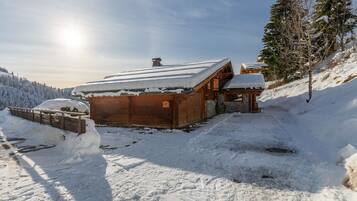 Una cabaña de madera con techo cubierto de nieve, rodeada de árboles nevados y un cielo despejado.