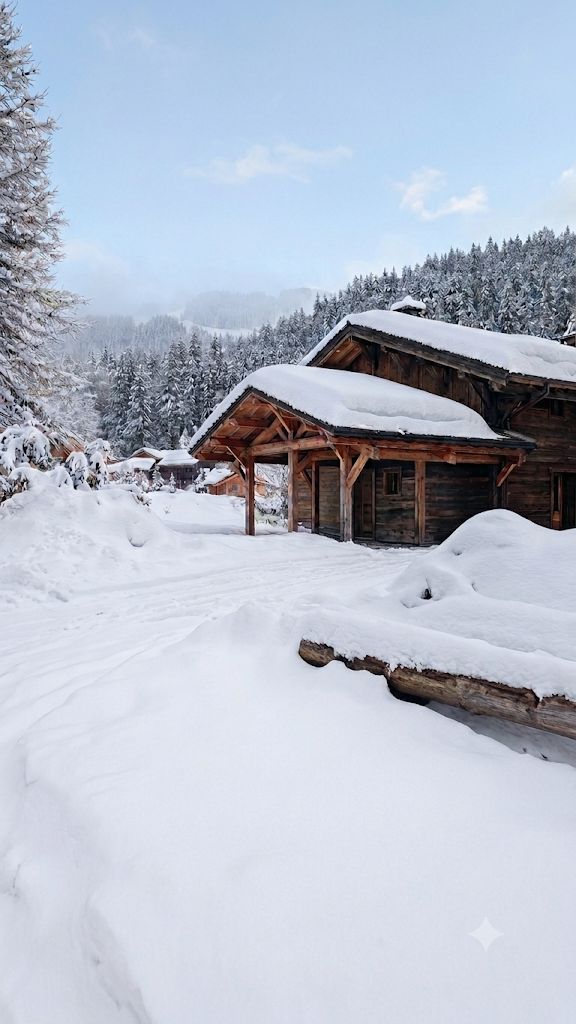 A wooden cabin with a snow-covered roof, surrounded by snow-covered trees and a clear sky.