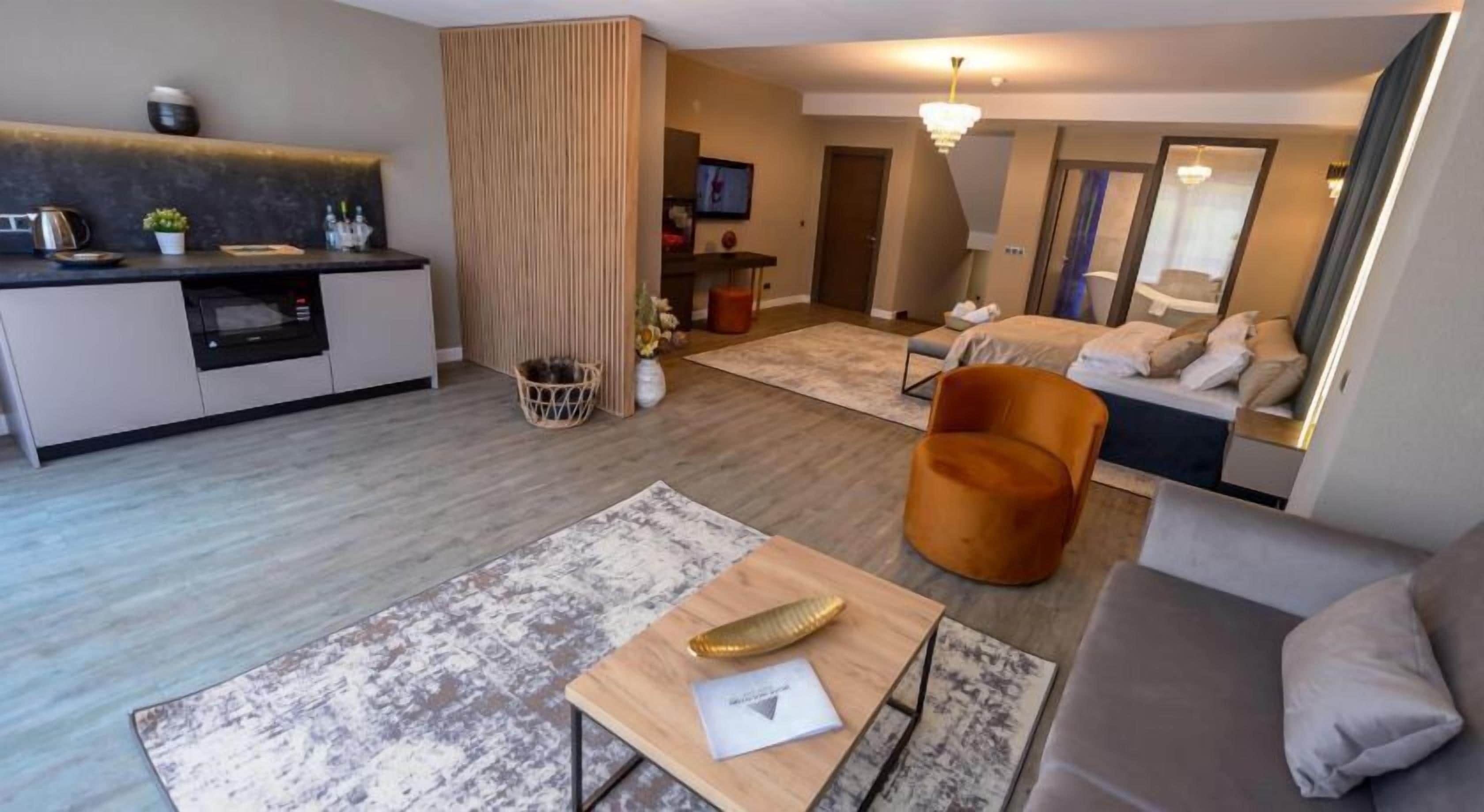 Una sala moderna con un sofá, una mesa de centro y una silla. Hay una zona de cocina con una encimera y un lavabo. Un televisor está montado en la pared.