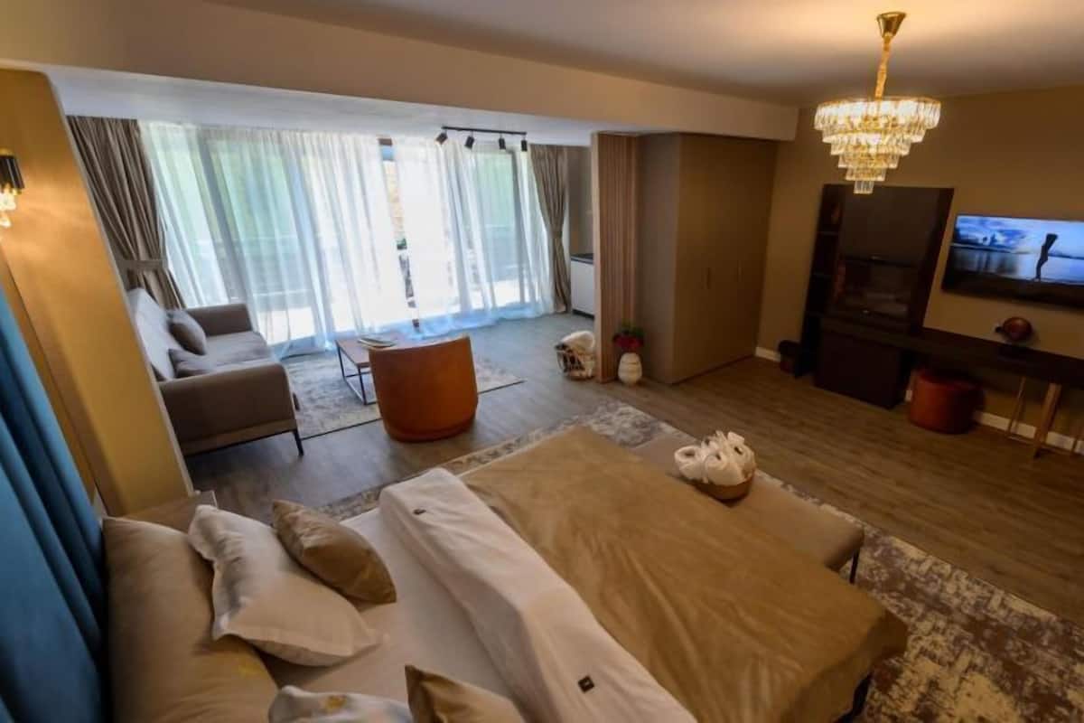 Une chambre d’hôtel avec un canapé, un lit, une télévision et un lustre.