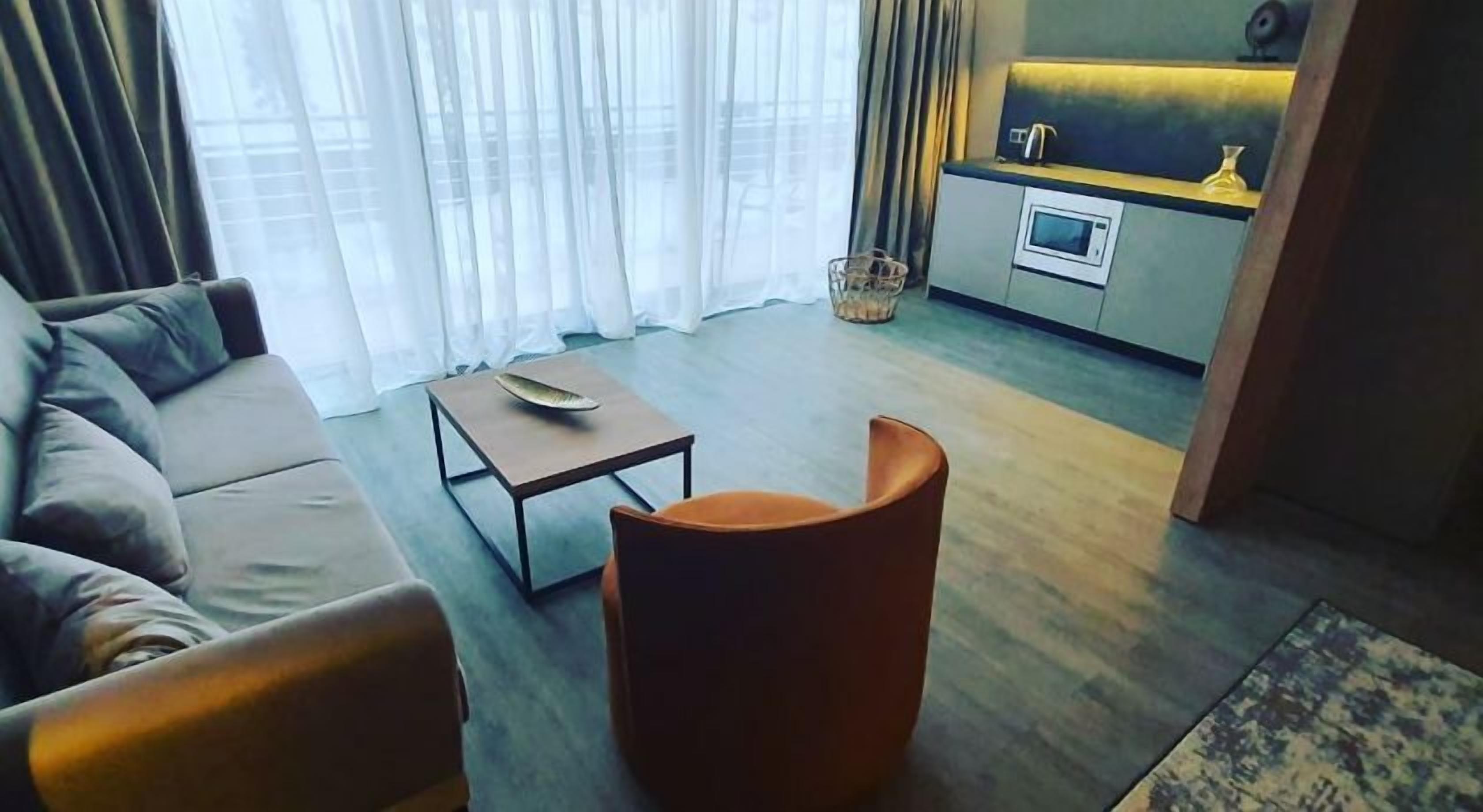 Una sala de estar moderna con un sofá, una mesa de centro y una silla. Hay una zona de cocina con un microondas y un hervidor.