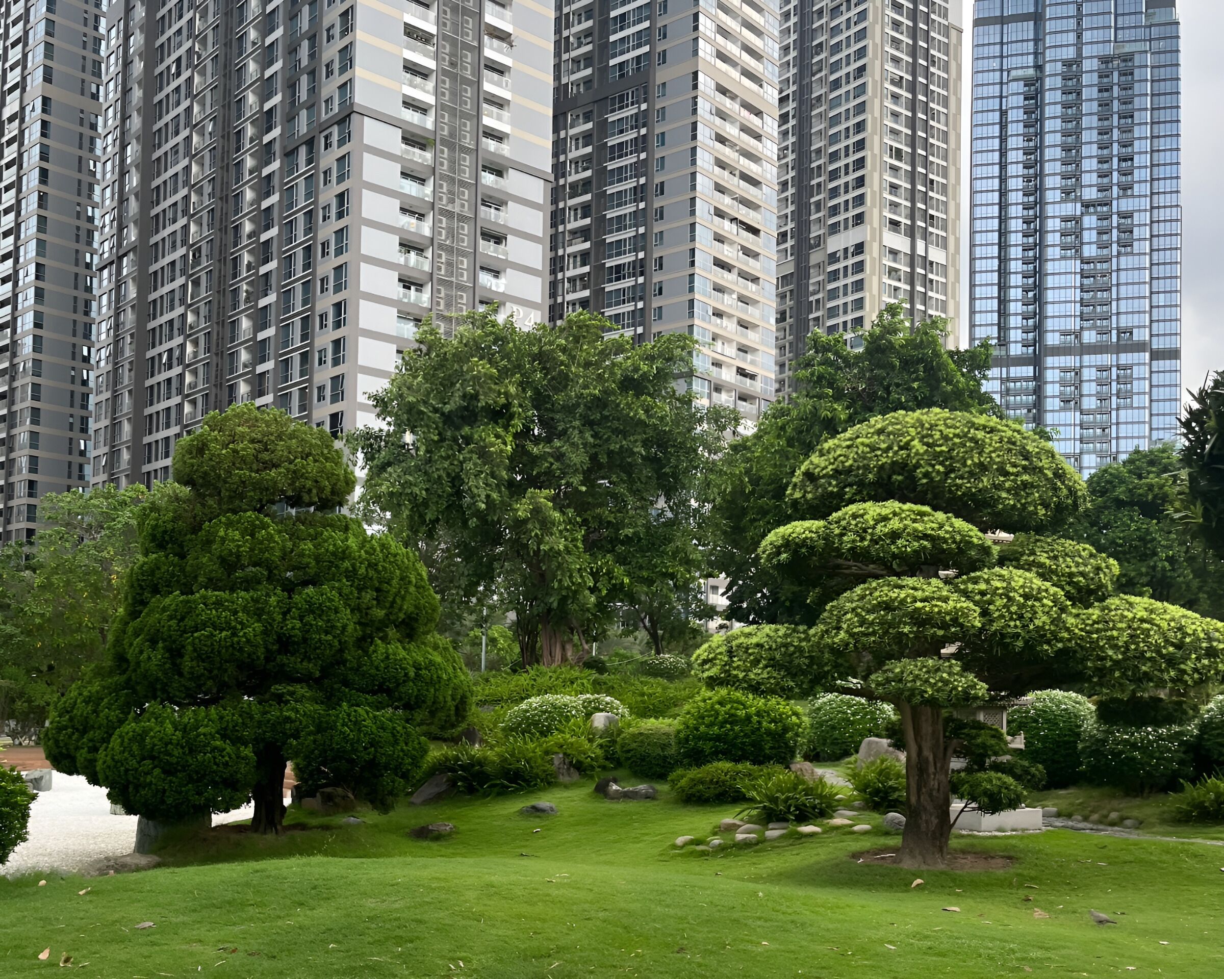 Un jardín cuidado con árboles podados y una zona ajardinada, rodeado de altos edificios residenciales.