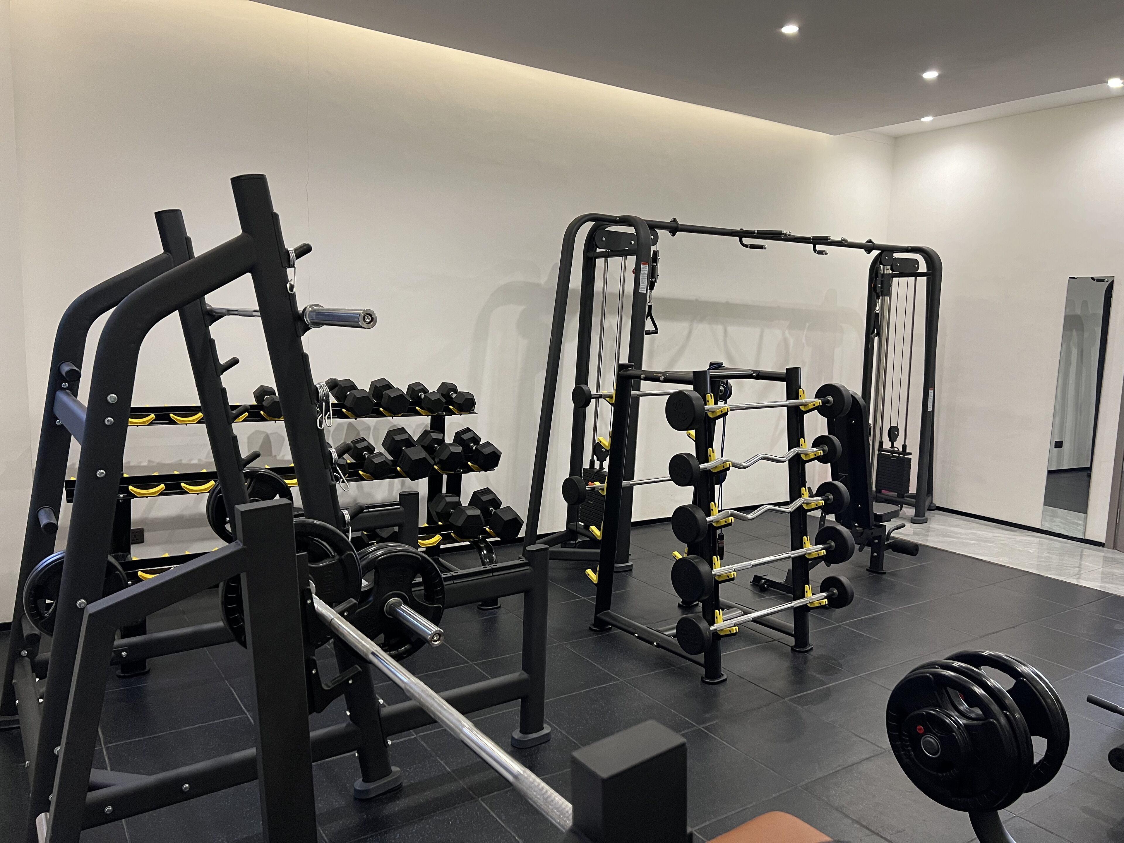 Une salle de sport équipée de matériel de musculation, notamment des haltères et des barres.