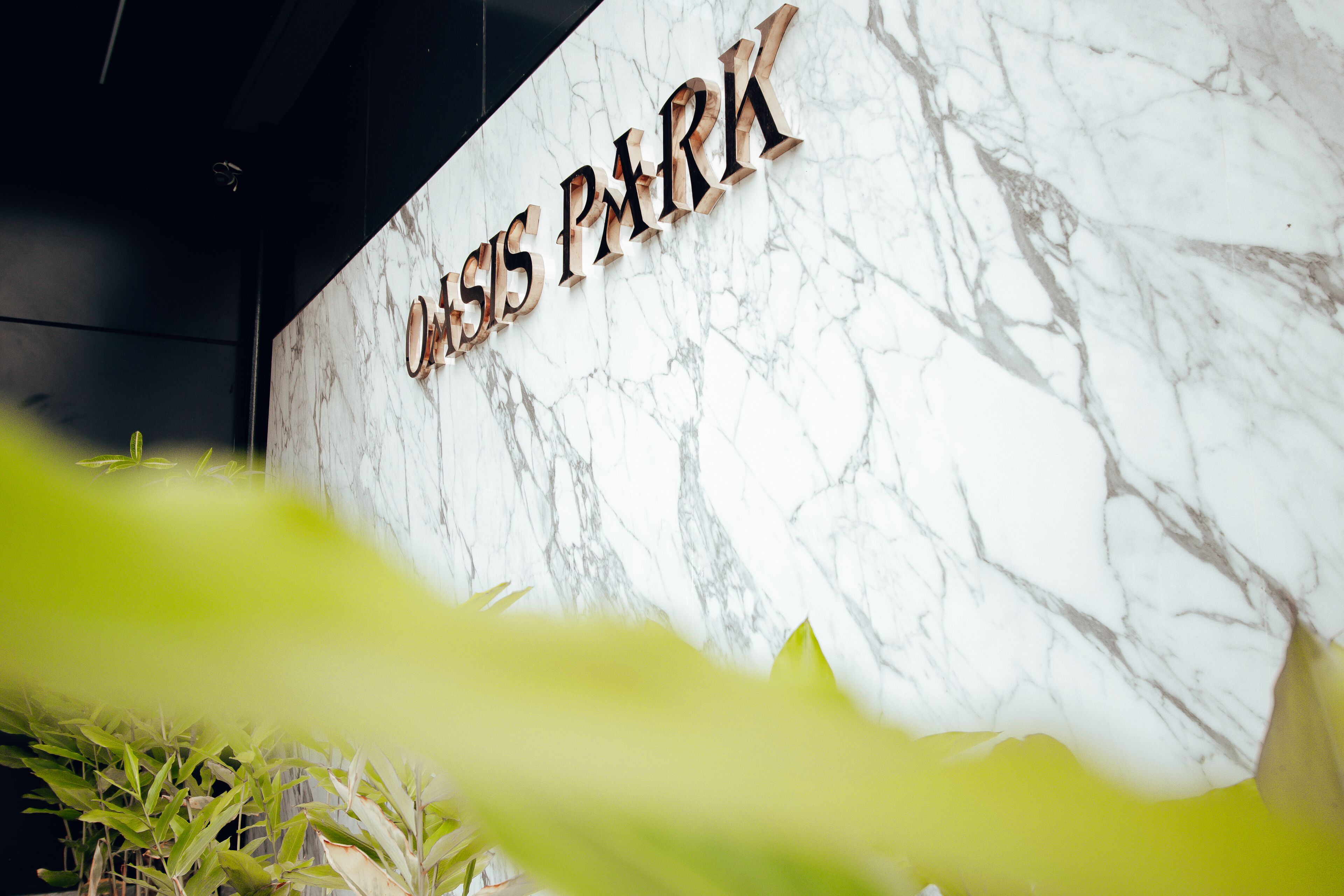 A marble wall with the text "Oasis Park" in a bold, modern font.