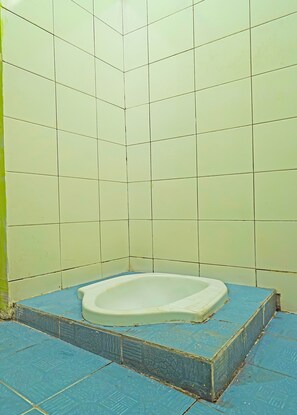 Bathroom features a bathtub on a raised platform, surrounded by a light-colored tile pattern and large, textured floor tiles.