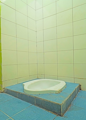 Bathroom features a bathtub on a raised platform, surrounded by a light-colored tile pattern and large, textured floor tiles.
