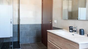 A modern bathroom with a glass shower enclosure, a wooden vanity, and a large mirror.