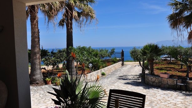 Une terrasse avec un sol en pierre, des palmiers et une vue sur la mer.