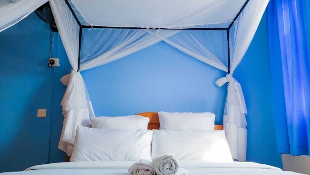 Un lit avec du linge de lit blanc et un baldaquin, un mur bleu et un rideau.