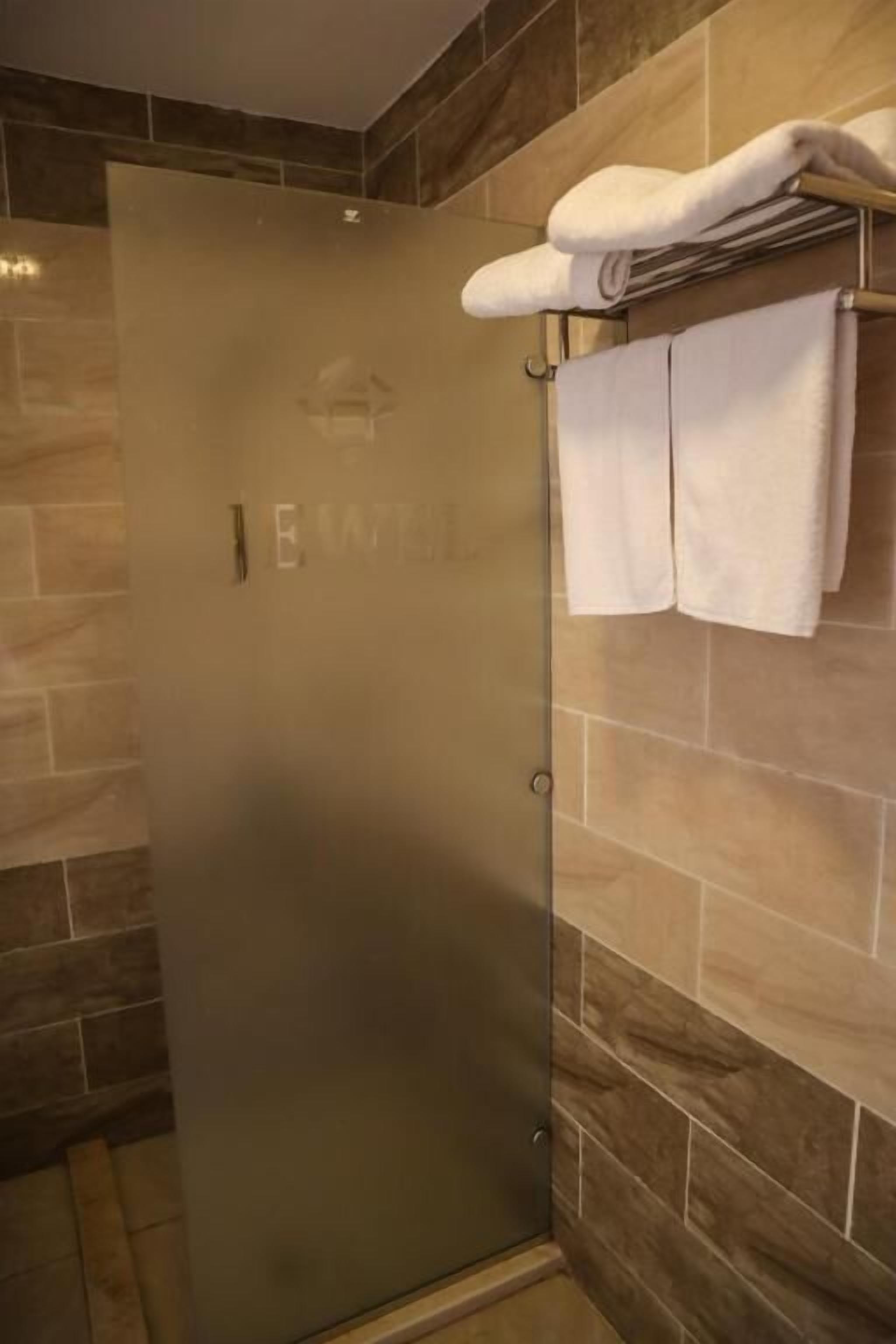 A glass-enclosed shower with a towel rack holding two towels.