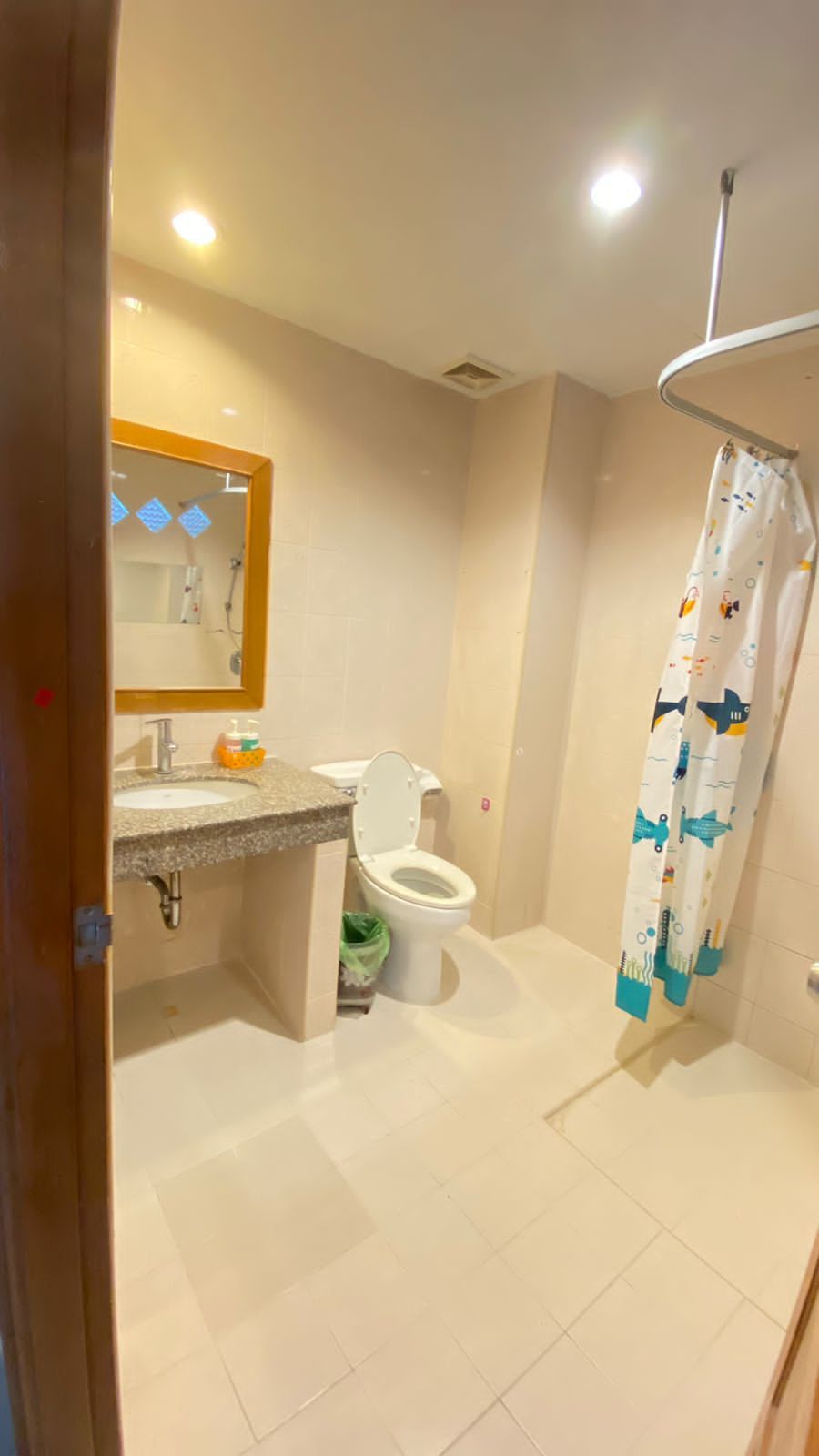 A bathroom with a toilet, sink, and shower curtain.
