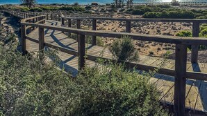 Une promenade en bois qui mène à une plage bordée de palmiers et d’où l’on a une vue dégagée sur l’océan.