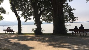 Un parc au bord du lac, avec des bancs à l’ombre des arbres, un lac paisible et des montagnes qui se dessinent à l’horizon.