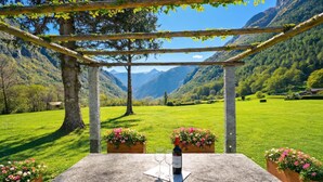 A stone table with a bottle and glasses, surrounded by wooden planters with flowers, under a pergola with vines, overlooking a green valley and mountains. - Casa Mima Chalets (Sonogno)