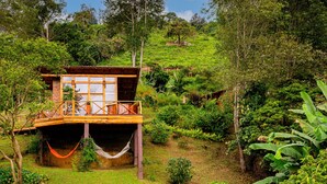 Una cabaña de madera con balcón, rodeada de vegetación exuberante y una ladera.