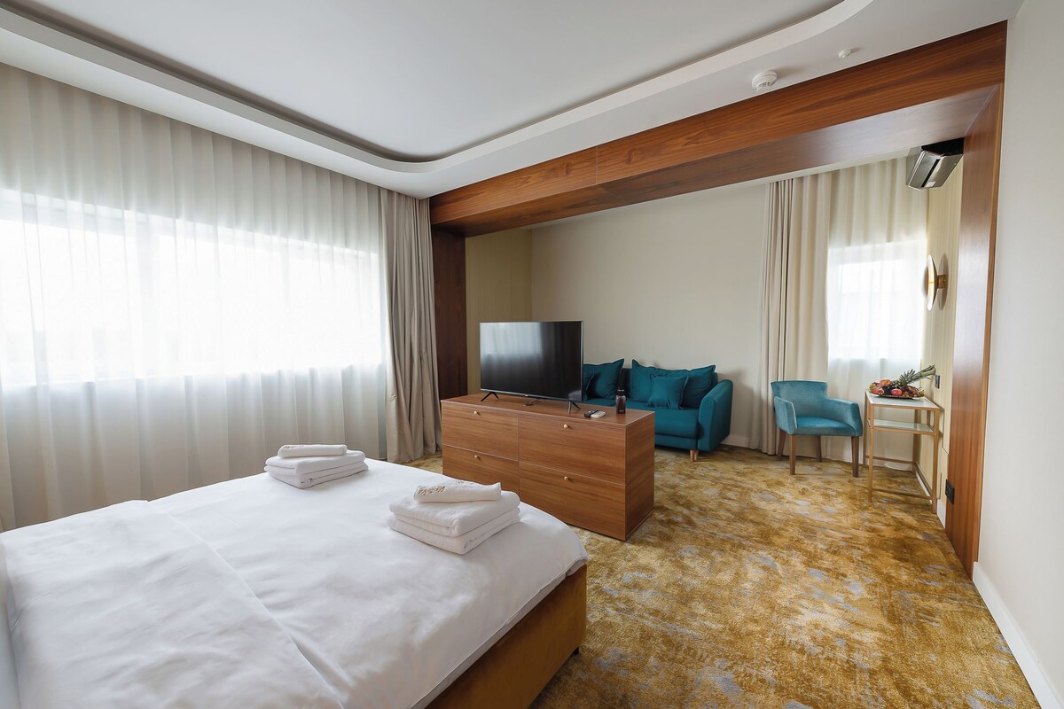 Una habitación de hotel con cama, televisor, escritorio y sofá.
