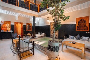 Un espacio interior amplio con una zona de estar central, una gran planta decorativa y una piscina.