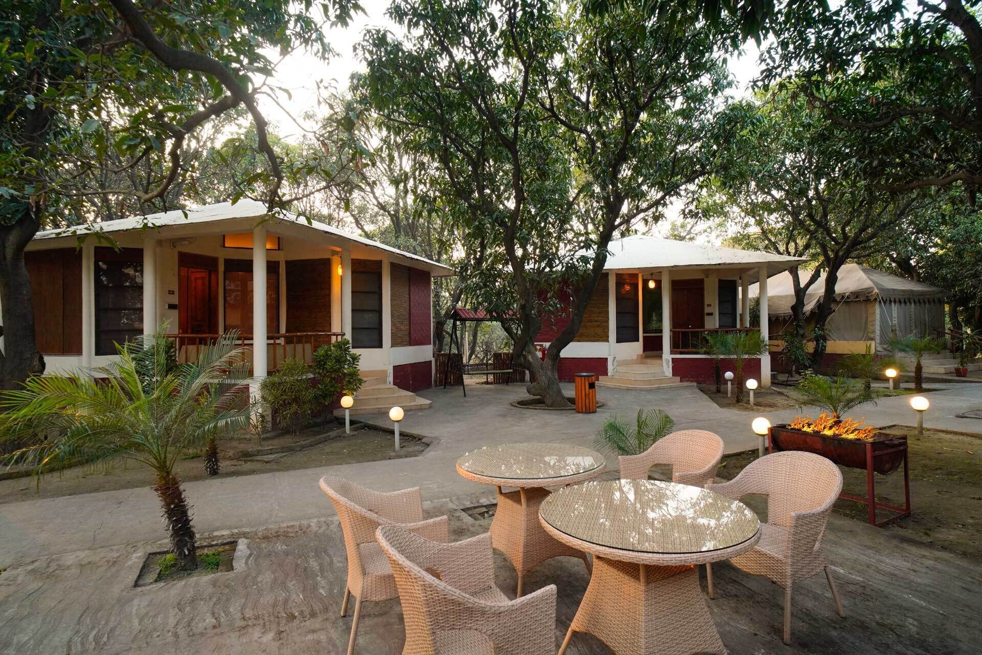 A serene outdoor seating area with wicker furniture and a fire pit, surrounded by trees and a building with a covered porch.