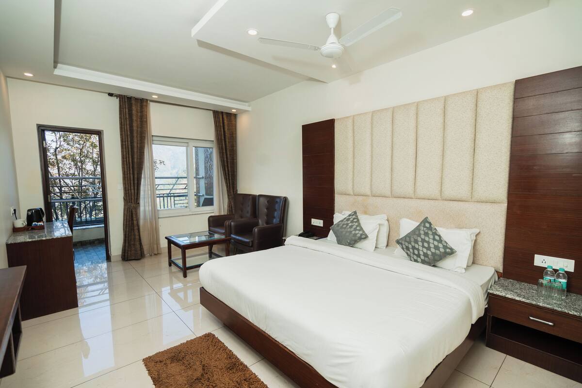 Habitación de hotel con una cama grande, un escritorio, una silla, un balcón con vistas y un ventilador de techo.