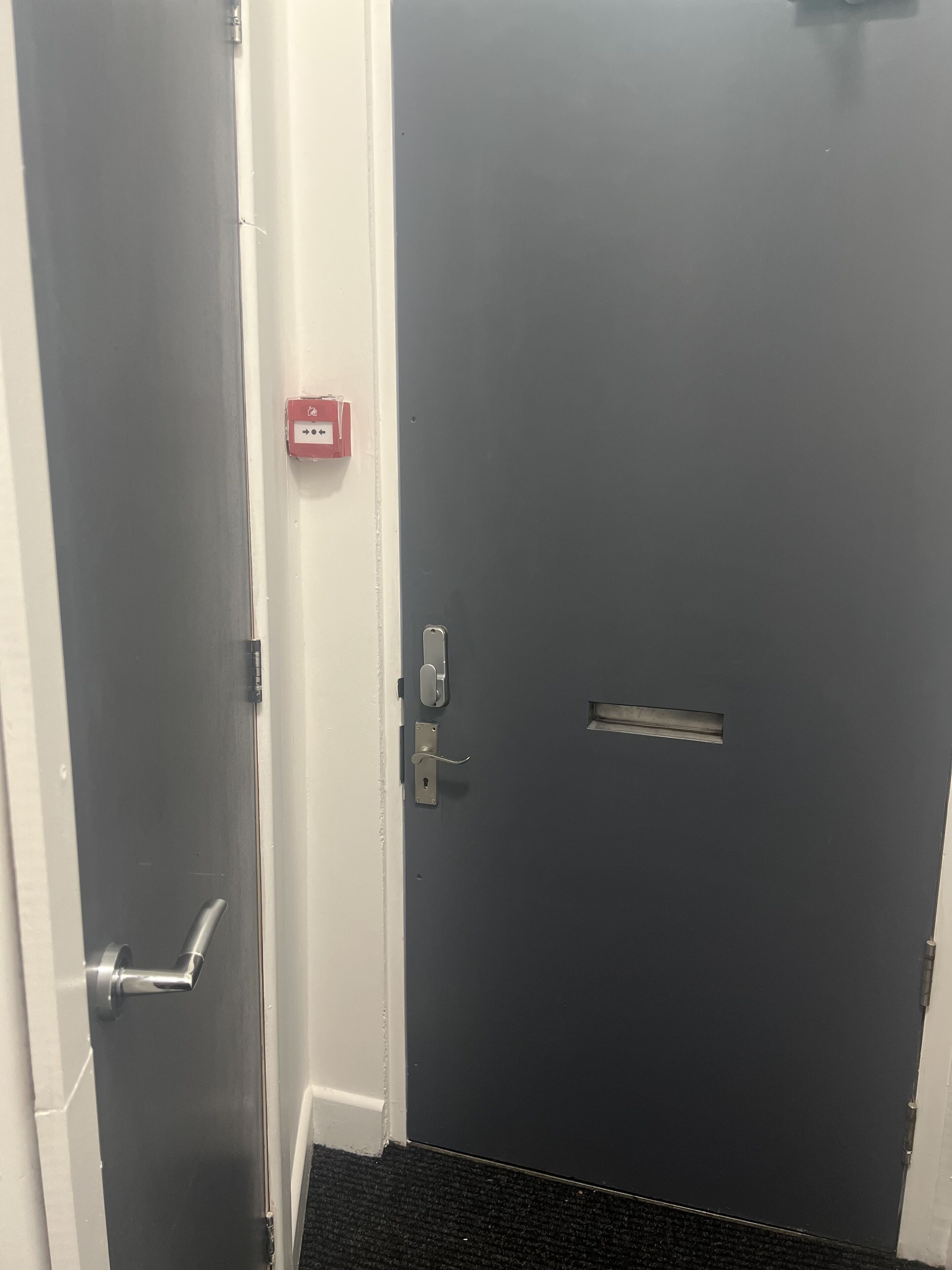 A closed door with a red emergency pull station, a metal handle, and a keyhole.