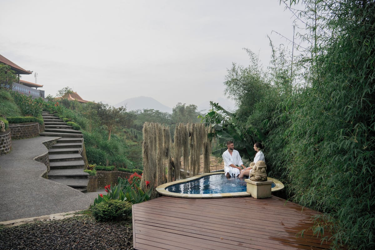 A wooden deck with a pool, surrounded by lush greenery and a stone staircase leading up.